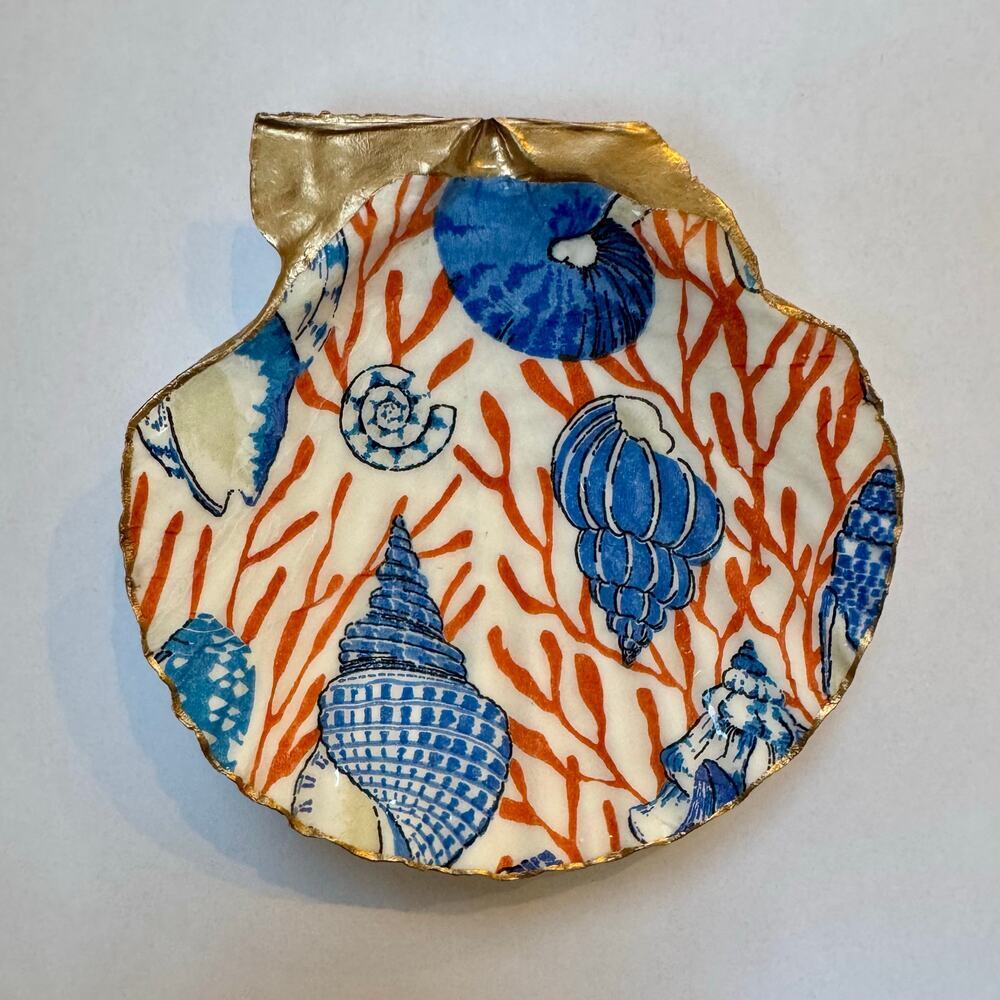 Blue and Orange Coral Seashell Trinket Dish Coastal Decor - Picture 3 of 5